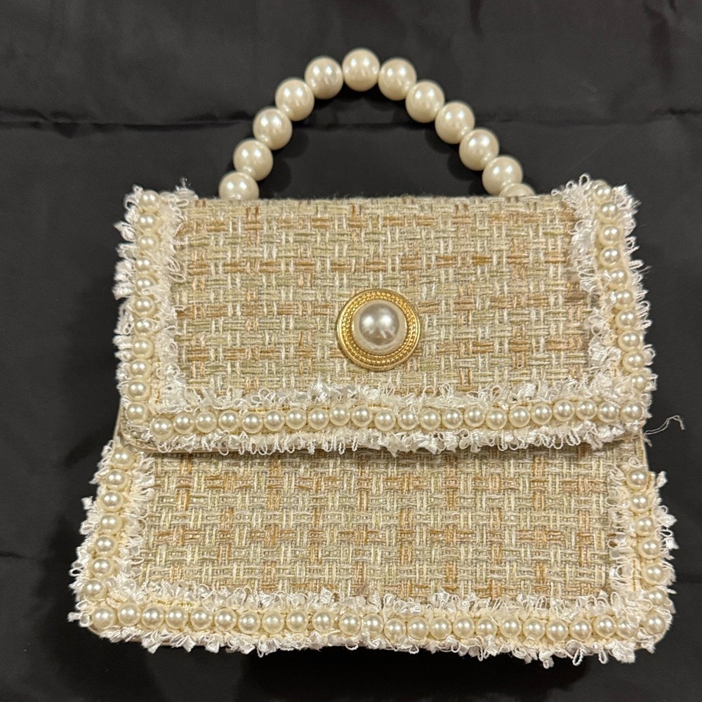 Elegant Pearl-Embellished Tan Handbag